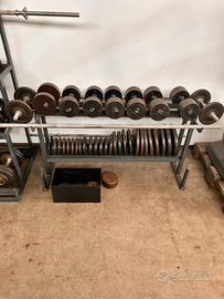 Porta pesi con manubri e dischi