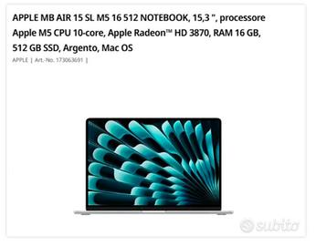 APPLE MB AIR 15 SL M5 16 512 NOTEBOOK RAM 16 GB, 5