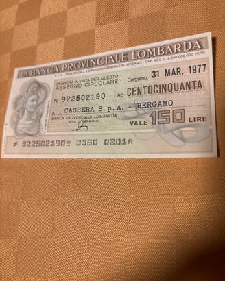 MINI ASSEGNO circolare Banca prov lombarda 1977