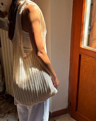 Borsa rete shopper crochet beige panna donna