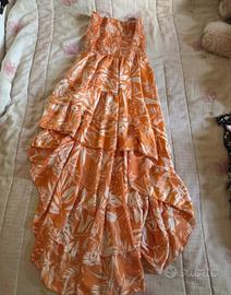 Abito lungo estivo arancione a fantasia tropicale