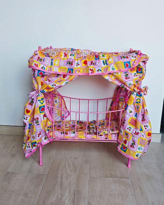 Culla Bambole Vintage Metallo Rosa con Baldacchino