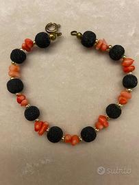 Bracciale etnico Pietra lavica nera + corallo ross