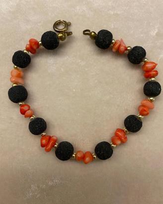 Bracciale etnico Pietra lavica nera + corallo ross