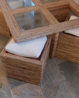 Set tavolino e 4 sgabelli rattan