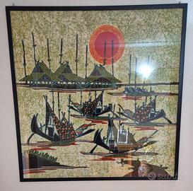 BATIK originale indonesiano - paesaggio con barche