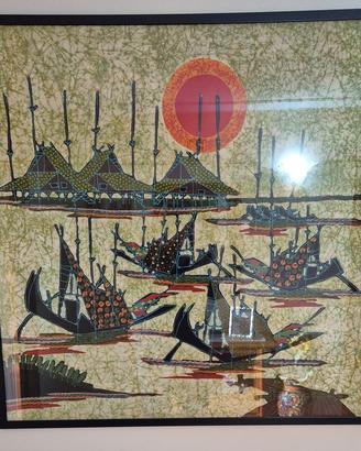 BATIK originale indonesiano - paesaggio con barche