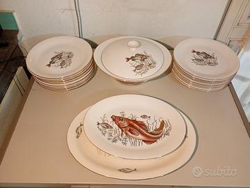 Set Piatti Vintage Euro Porcelaine Pesci Bordo Oro