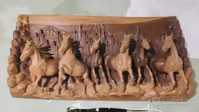 quadro altorilievo cavalli legno