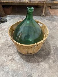 Damigiana Vintage in Vetro Verde con Cestello