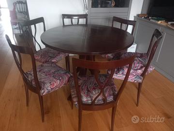 Tavolo tondo in legno design anni '50 con 6 sedie