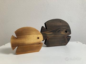 Coppia Sculture pesci legno soprammobile statue