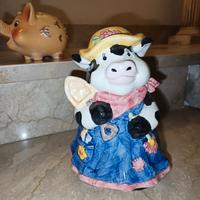 Salvadanaio Mucca Ceramica Cappello Blu