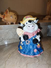 Salvadanaio Mucca Ceramica Cappello Blu