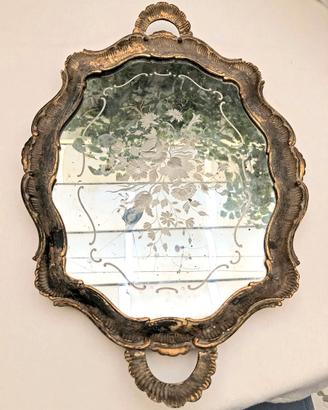 VASSOIO ANTICO LEGNO DORATO E SPECCHIO INTERNO