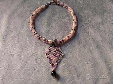 Collana Macchie Leopardo Boho Pendaglio Rosa Nero 
