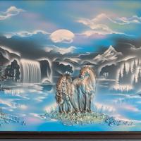 Quadro Paesaggio Notturno Fantasy con Lupi e Casca