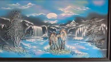 Quadro Paesaggio Notturno Fantasy con Lupi e Casca