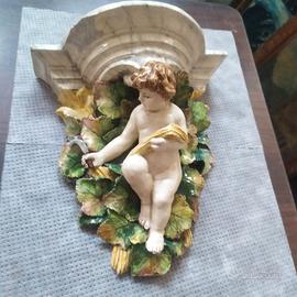 Antica Mensola marmorizzata in Ceramica con Putto&