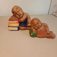 Coppia Statuette Legno  Bimbi Buddha Vintage