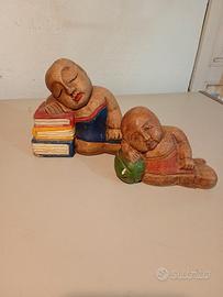 Coppia Statuette Legno  Bimbi Buddha Vintage