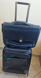 Set piquadro trolley + valigetta in pelle blu