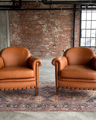 4 Poltrone  in Pelle Cognac con Borchie - Industry