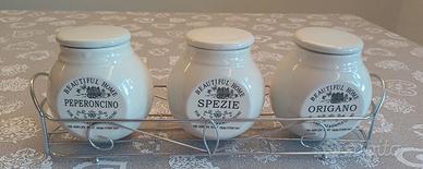 Set 3 contenitori spezie in ceramica con supporto 