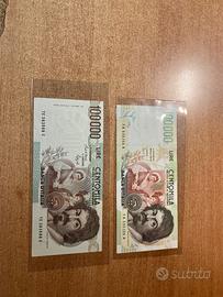 Coppia banconote da lire 100000 Caravaggio in FDS