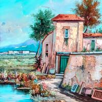 Quadro con paesaggio dipinto a olio su tela 70x50.