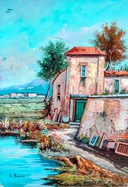Quadro con paesaggio dipinto a olio su tela 70x50.