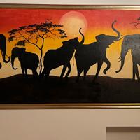 Quadro con elefanti al tramonto olio su tela