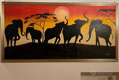 Quadro con elefanti al tramonto olio su tela