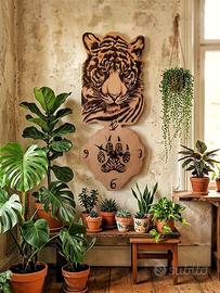 Orologio Artigianale in Legno - Pirografia Tigre (