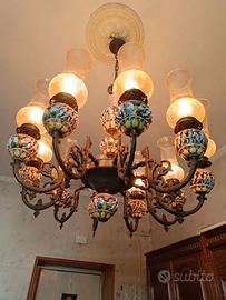 Lampadario Capodimonte antico maiolica putti
