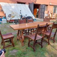 Tavolo impero con 6 scranni in noce e cuoio