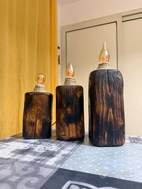 Set 3 lampade artigianali in legno bruciato