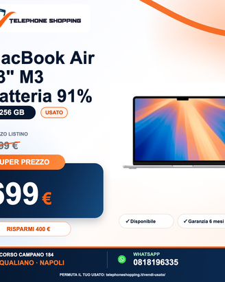 MacBook Air 13" M3 Batteria 91% 8/256 GB