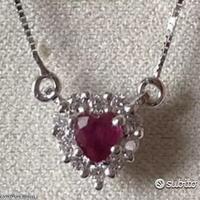 COLLANA CUORE ORO 18kt. DIAMANTI E RUBINO NATURALI