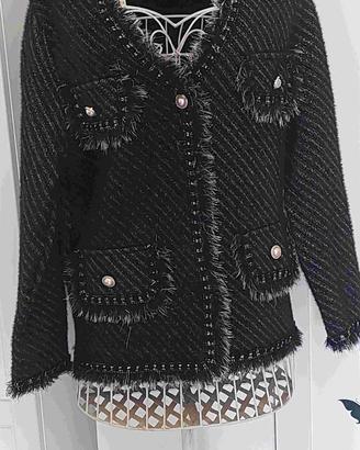 Cardigan  in lana nero spigato con lurex