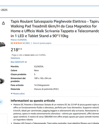 NUOVO Tapis Roulant Salvaspazio Pieghevole