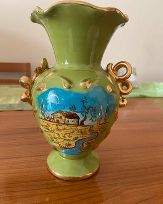 Vaso verde in ceramica dipinto oro anni 50