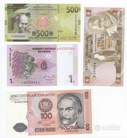 Lotto di 4 banconote Guinea, Zambia, Congo, Perù