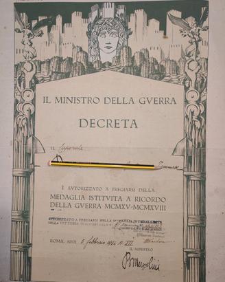 Pergamena onoreficenza medaglia 1 Guerra Mondiale 