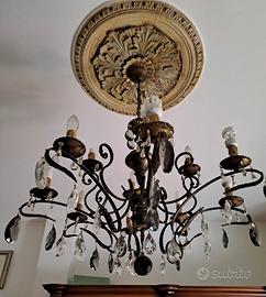 Lamapadario vintage bronzo e gocce di cristallo