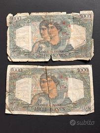 Lotto 2 Banconote Francia 1000 Franchi