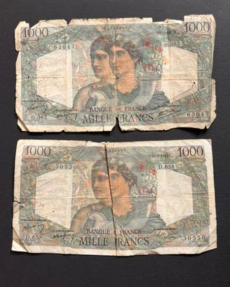 Lotto 2 Banconote Francia 1000 Franchi