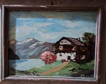 quadro Naif Vintage, pittura su vetro, Paesaggio 