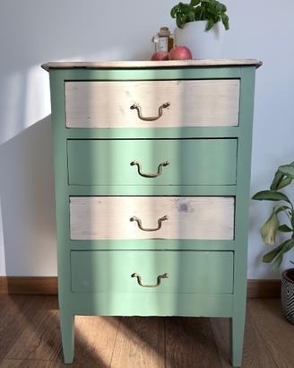 Cassettiera vintage verde salvia e legno naturale