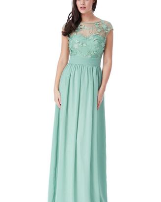 Vestito abito lungo chiffon verdeacqua con ricami 